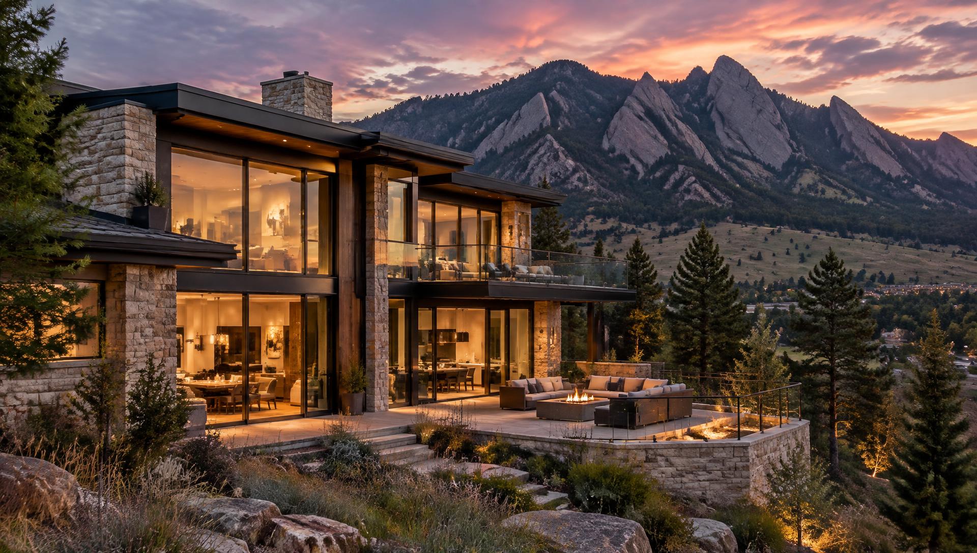 Luxury mountain-modern estate beneath the Boulder Flatirons at dusk